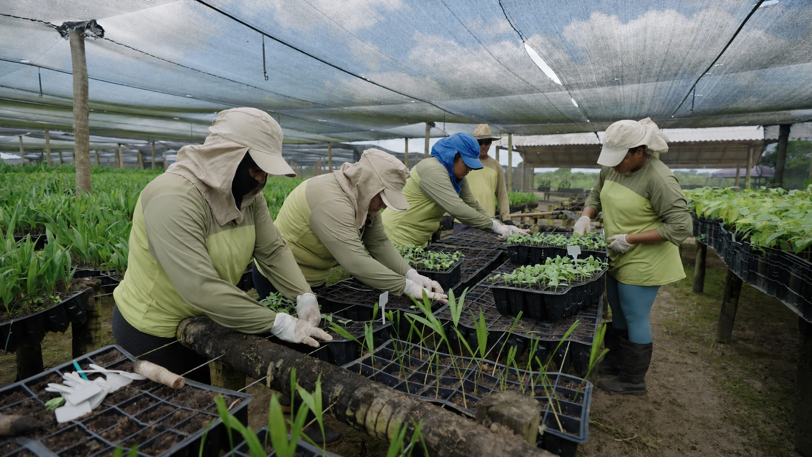 Equipe da BioAmaz trabalhando no viveiro